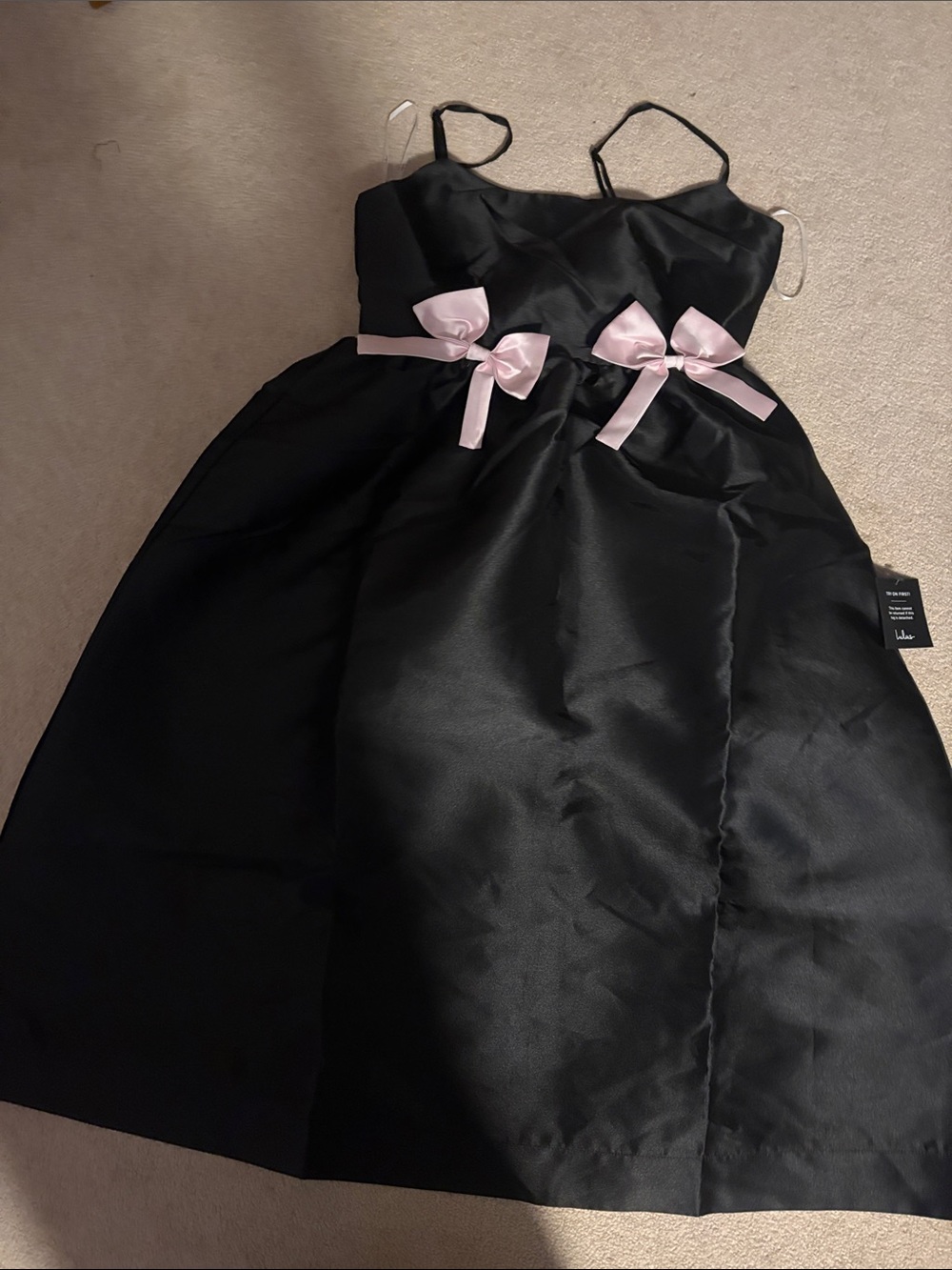 Lulu's Classy Aesthetic Black Taffeta Bow Midi Dress With Pockets